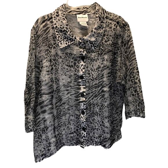 Bon Worth, Black White, Animal Print, Button Up Sheer Top pM - Picture 5 of 5